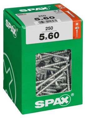 SPAX Universalschraube, 5 x 60 mm, 250 Stück, Teilgewinde, Senkkopf, T-STAR plus T20, 4CUT, WIROX, 4191010500606